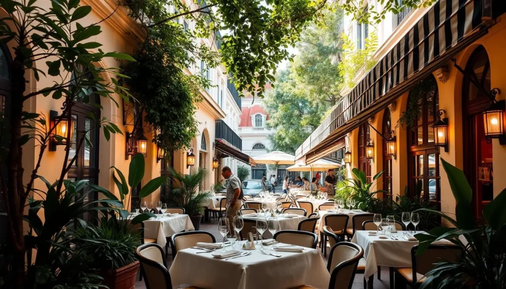 A sun-drenched terrace of a classic French bistro in the heart of Singapore's vibrant Chinatown district. Lush greenery and charming colonial architecture frame the scene, creating a chic and sophisticated ambiance. Tables adorned with crisp white linens and gleaming silverware are nestled under striped awnings, inviting diners to savor decadent French cuisine and sip on fine wines. Warm lighting casts a soft, inviting glow, while the gentle hum of conversation and clinking of glasses add to the lively yet refined atmosphere. The image captures the essence of a special dining experience, perfect for celebrating an important occasion in this unique Singaporean interpretation of a quintessential French bistro.