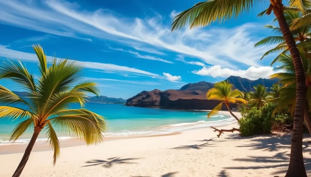 A sun-drenched tropical beach on the Hawaiian island of Molokai, with soft white sand and gently lapping turquoise waves. In the foreground, vibrant green palm trees sway in the gentle breeze, casting dappled shadows on the ground. The middle ground features a serene, picturesque cove, surrounded by rugged volcanic cliffs in the distance. The sky is a brilliant azure, with wispy clouds drifting overhead, creating a sense of tranquility and paradise. The lighting is natural and warm, casting a golden glow over the entire scene, capturing the essence of Molokai's best beaches.