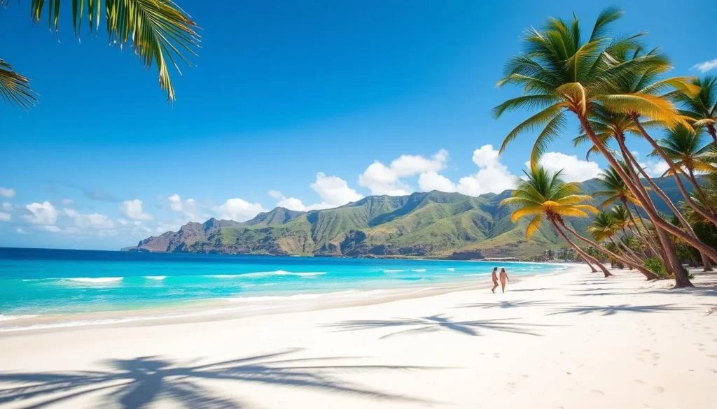 A sun-drenched tropical beach on the island of Lanai, Hawaii. Pristine white sands stretch out before a crystal-clear turquoise ocean, gently lapped by waves under a cloudless azure sky. In the foreground, swaying palm trees cast dappled shadows on the sand. In the middle ground, a few people stroll along the shore, enjoying the tranquil, serene atmosphere. In the distance, rugged green hills rise up, forming a lush, natural backdrop to this idyllic coastal scene. The lighting is warm and golden, capturing the essence of a perfect day in paradise. Capture the beauty and solitude of Lanai's unspoiled beaches.