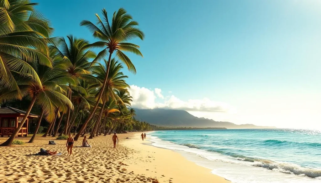 A sun-drenched tropical beach with lush palm trees lining the shore, their fronds swaying gently in the warm breeze. The fine, golden sand stretches out towards the glistening turquoise waters of the Pacific Ocean, which lap at the edge of the beach in gentle waves. In the distance, volcanic mountains rise up, their peaks shrouded in wispy clouds. The scene is bathed in the warm, golden light of a late afternoon, creating a serene and peaceful atmosphere. A few beachgoers stroll along the sand or recline on towels, taking in the tranquil beauty of this idyllic Hawaiian paradise.