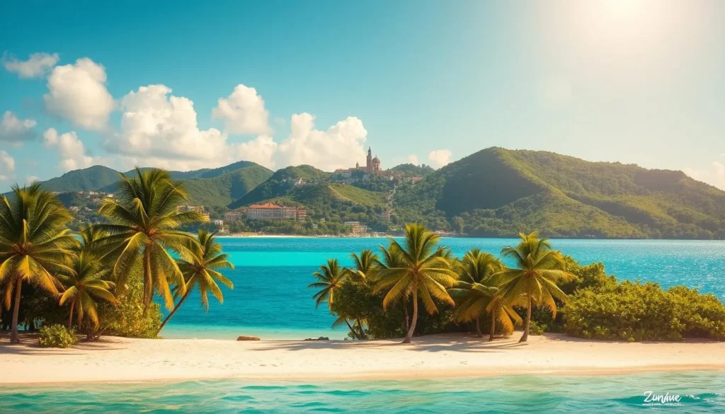 A sun-drenched tropical paradise, Zanzibar Island emerges from the azure waters of the Indian Ocean. In the foreground, pristine white-sand beaches beckon, dotted with swaying palm trees casting gentle shadows. Beyond, vibrant emerald hills rise, capped by lush, verdant forests. In the distance, the historic Stone Town skyline stands proud, its iconic architecture and winding alleyways reflecting the island's rich cultural heritage. Warm, golden light bathes the scene, evoking a sense of tranquility and wonder. Capture the essence of this magical place, where the past and present seamlessly converge, inviting the viewer to explore and discover its captivating charm.