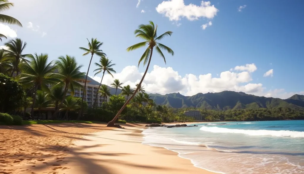 A sun-drenched tropical paradise nestled along the pristine shores of Kauai's Kalapaki Beach. In the foreground, golden sands and gently lapping waves invite beachgoers to bask in the warmth. Tall palm trees sway in the gentle breeze, casting soothing shadows across the scene. In the middle ground, the iconic Kauai Marriott Resort rises, its elegant architecture blending seamlessly with the natural landscape. In the distance, verdant hills and lush foliage create a lush, verdant backdrop, hinting at the island's rich history and cultural heritage. Soft, natural lighting bathes the entire vista, evoking a sense of tranquility and relaxation. A serene and inviting atmosphere, perfect for immersing oneself in the rich history and beauty of Kalapaki Beach.