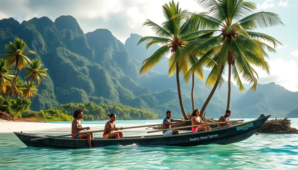 A sun-drenched tropical paradise, the Solomon Islands beckon with pristine beaches, turquoise waters, and lush rainforests. In the foreground, a group of locals guide a traditional outrigger canoe, their vibrant clothing and warm smiles inviting the viewer to join them. In the middle ground, towering palm trees sway gently in the breeze, casting dappled shadows on the powdery white sand. The background showcases the rugged, verdant hills and mountains that rise majestically, creating a stunning natural backdrop. The scene is illuminated by soft, golden sunlight, capturing the serene and tranquil atmosphere of this idyllic destination.