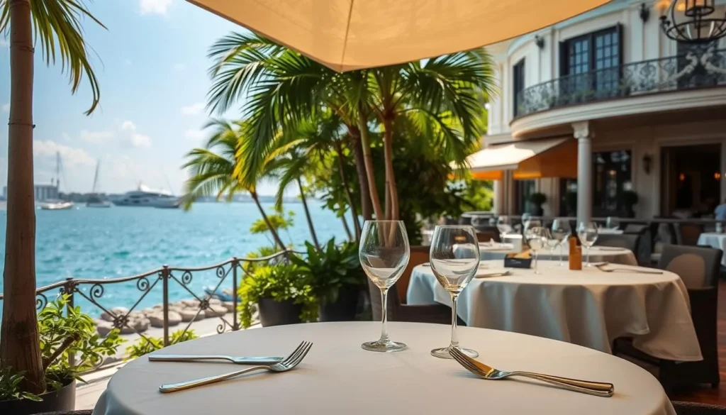 A sun-drenched, upscale seafood restaurant nestled along the Singapore coastline. In the foreground, a crisp white tablecloth is set with gleaming silverware and delicate stemware, hinting at the exquisite culinary experience to come. The middle ground features a panoramic view of the sparkling ocean, with yachts and sailboats dotting the horizon. In the background, the restaurant's elegant façade, with its classic colonial architecture and lush tropical foliage, creates a sophisticated ambiance. Soft, diffused lighting casts a warm glow, while a gentle breeze carries the scent of freshly caught seafood. This is a tranquil oasis where diners can savor the finest of Singapore's acclaimed seafood delicacies in a setting that is both refined and inviting.