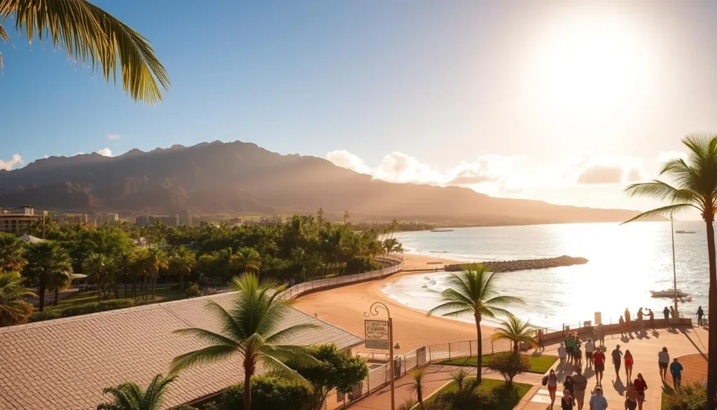 A sun-drenched vista of Kailua-Kona's lush shoreline, with the majestic slopes of Hualalai volcano rising in the distance. Warm, golden light bathes the pristine white-sand beach, where swaying palm trees and vibrant tropical foliage frame the crystalline waters of the Pacific. In the foreground, locals and visitors alike stroll along the picturesque promenade, taking in the laid-back island vibe. Capture the essence of this enchanting Big Island destination, showcasing its natural beauty, cultural richness, and the irresistible allure that draws travelers to this Hawaiian paradise.