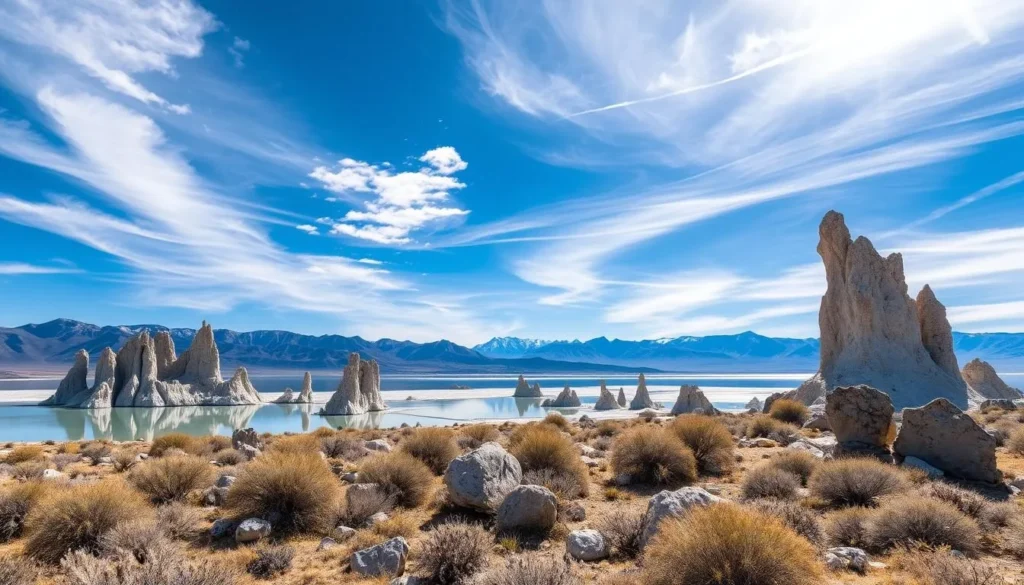 A sun-drenched vista of Mono Lake's iconic tufa towers, their otherworldly silhouettes reflected in the tranquil waters. In the foreground, a rugged landscape of sagebrush and boulders, leading the eye towards the distant mountain range, its peaks capped with snow. The sky is a brilliant blue, with wispy clouds casting gentle shadows across the scene. A wide-angle lens captures the expansive, breathtaking panorama, inviting the viewer to immerse themselves in the serene beauty of this natural wonder. The overall mood is one of awe and serenity, perfectly capturing the essence of the Mono Basin's most captivating viewpoint.
