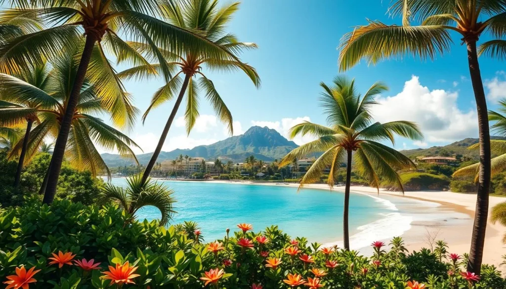A sun-drenched vista of Oahu's lush, verdant landscape, its turquoise waters gently lapping at pristine white-sand beaches. Towering palm trees sway in the gentle breeze, casting soft, dappled shadows over the idyllic scene. In the foreground, vibrant tropical foliage and colorful flowers bloom, creating a lush, inviting atmosphere. The warm, golden light of a perfect Hawaiian day bathes the entire landscape, evoking a sense of tranquility and relaxation. In the distance, the iconic silhouette of Diamond Head rises majestically, completing the quintessential Oahu panorama. This idyllic, weather-ideal scene captures the very essence of Oahu's best months to visit.