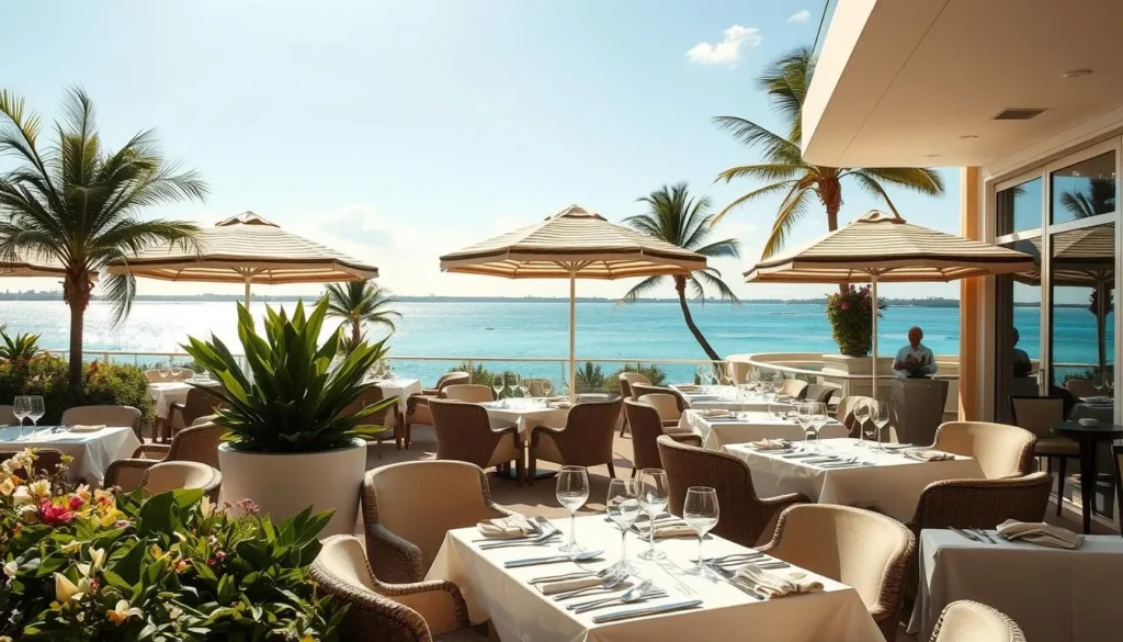 A sun-drenched waterfront dining scene, with a panoramic view of the glistening azure waters of the Palm Beach coastline. In the foreground, an elegant outdoor patio adorned with plush seating, lush greenery, and delicate floral accents. Crisp white tablecloths and gleaming silverware set the stage for a refined dining experience. In the middle ground, an open-air restaurant with large windows framing the picturesque vista. Soft, diffused lighting filters through striped umbrellas, creating a warm, inviting ambiance. In the background, towering palm trees sway gently in the tropical breeze, complementing the serene and sophisticated atmosphere.