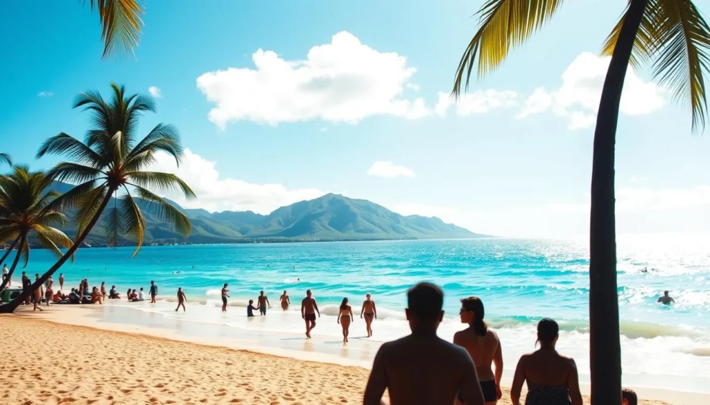 A sun-kissed Kama'ole Beach, with azure waters lapping against the golden sand. In the foreground, swimmers and beachgoers enjoying the tranquil scene, their silhouettes captured by a wide-angle lens. The middle ground features swaying palm trees, their fronds casting gentle shadows. In the distance, the lush green hills of Maui rise, creating a picturesque backdrop. The lighting is soft and natural, evoking a serene and relaxing atmosphere. The overall mood is one of idyllic island escape, inviting the viewer to imagine themselves immersed in the beauty of Kama'ole Beach.