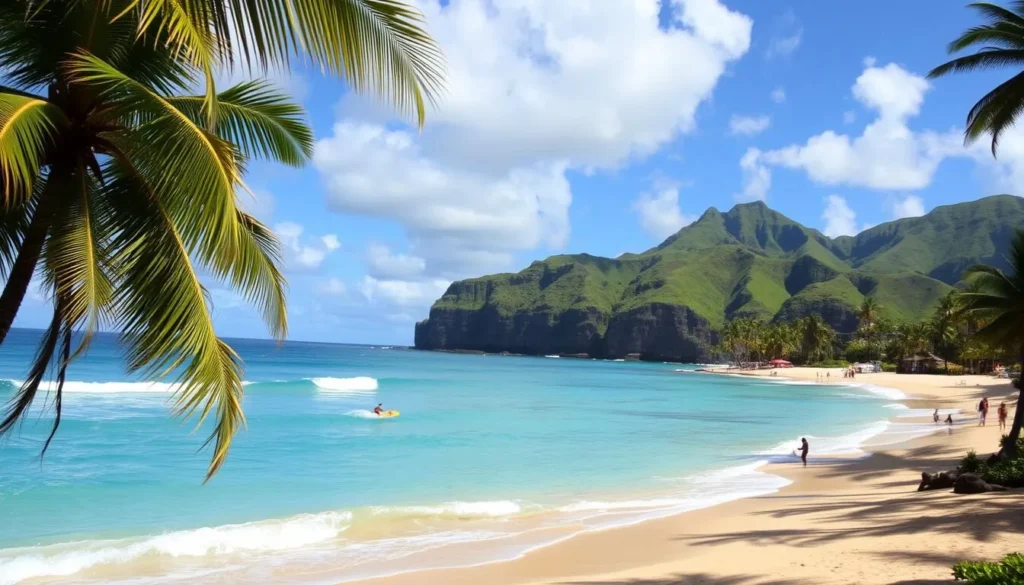 A sun-kissed tropical paradise unfolds at Kalapaki Beach, Kauai. The crystal-clear turquoise waters gently lap against the golden sands, inviting beachgoers to bask in the warmth of the Hawaiian sun. Lush, verdant palm trees sway in the gentle breeze, casting dappled shadows across the scene. In the distance, emerald-hued cliffs rise majestically, creating a breathtaking backdrop. Surfers glide effortlessly across the rolling waves, while families and friends gather to enjoy the idyllic setting. The overall atmosphere exudes a sense of tranquility and relaxation, perfectly capturing the essence of Kalapaki Beach.