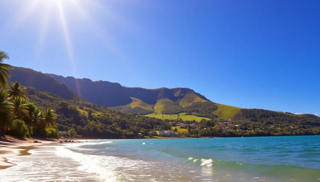 A sun-kissed vista of Norfolk Island, its lush forests and dramatic cliffs framed against a clear azure sky. In the foreground, a tranquil beach scene with gentle waves lapping at the shore, palm trees swaying in the breeze. The middle ground reveals vibrant green hills and valleys, dotted with picturesque homesteads. In the distance, the silhouette of Mount Pitt rises majestically, its slopes basking in warm, golden light. A sense of serene tranquility pervades the scene, capturing the island's optimal weather conditions and the perfect time to visit for a weather-savvy traveler.