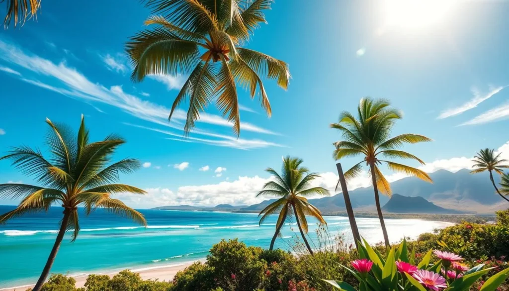 A sun-soaked day in the Tongan archipelago, the azure sky dotted with wisps of cloud. Gentle waves caress the pristine white sand, as palm fronds sway in a warm coastal breeze. In the foreground, a lush tropical landscape unfolds, vibrant greens and blooming flowers basking in the radiant sunshine. The middle ground reveals a tranquil bay, its turquoise waters reflecting the day's golden glow. In the distance, volcanic peaks rise majestically, their slopes shrouded in a hazy, golden hue. The scene exudes a sense of serene paradise, capturing the essence of Tonga's abundant sunshine and minimal cloud cover.