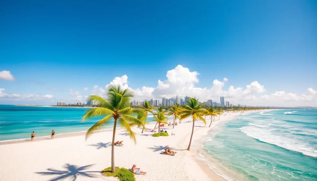 A sun-soaked, expansive Kahanamoku Beach in Waikiki, Oahu, Hawaii. Pristine white sand stretches as far as the eye can see, dotted with sun-worshippers and beachgoers enjoying the idyllic day. In the foreground, swaying palm trees cast gentle shadows, while the crystal-clear turquoise waters of the Pacific Ocean lap at the shore. In the middle ground, surfers glide effortlessly on rolling waves, their silhouettes captured in the warm, golden light. The distant skyline of Honolulu rises majestically, framed by a brilliant azure sky with fluffy white clouds. An atmosphere of relaxation and tranquility pervades the scene, inviting the viewer to imagine themselves immersed in the laid-back island lifestyle.