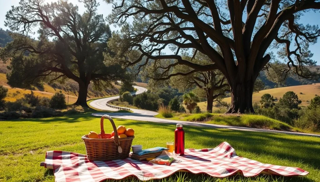 A sunlit afternoon along Sage Canyon Road, a picturesque scene with a cozy picnic setup in the foreground. A checkered blanket adorns the grass, surrounded by a basket, a thermos, and an assortment of fresh snacks. In the middle ground, towering oak trees cast gentle shadows, their branches swaying in a soft breeze. The background features the winding, tree-lined road, with rolling hills and a clear blue sky overhead. The lighting is warm and inviting, creating a serene and peaceful atmosphere, perfect for a relaxing outdoor gathering.