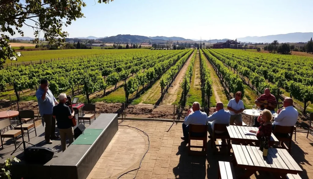 A sunlit outdoor scene in the Temecula Valley, California. In the foreground, a group of musicians perform on a stage, their instruments and voices carried on the gentle breeze. Around them, guests sip wine and relax at wooden tables, enjoying the lively atmosphere. In the middle ground, rows of grapevines stretch out, their leaves casting dappled shadows on the ground. In the background, the silhouettes of rolling hills and mountains frame the idyllic winery setting, bathed in the warm glow of the afternoon sun. The mood is one of relaxation, conviviality, and the appreciation of fine wine accompanied by live music.