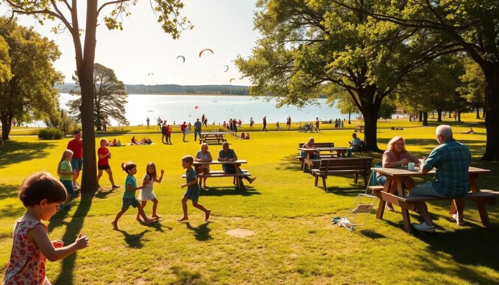 A sunlit park scene with families enjoying a variety of activities. In the foreground, children play on a well-maintained playground, their laughter filling the air. In the middle ground, a picnic area with wooden tables and benches, where parents and grandparents share a meal and converse. Beyond, a sprawling lawn dotted with frisbees, kites, and people lounging on blankets. In the background, a tranquil lake reflects the azure sky, with people kayaking and fishing from the shore. Warm, natural lighting bathes the entire scene, creating a sense of serenity and joy. Crisp, high-resolution details bring this family-friendly park to life.