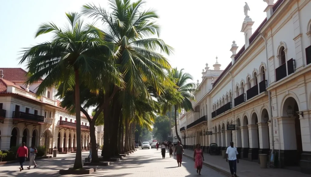 A sunlit street in the colonial district of Likasi, Democratic Republic of the Congo. Rows of stately, whitewashed buildings with red tile roofs line the avenue, their ornate facades and arched windows reflecting the region's Belgian architectural heritage. Lush palm trees sway gently in the warm breeze, casting dappled shadows across the paved walkways. Locals amble by, immersed in the tranquil rhythm of daily life in this hidden gem of a city. The scene evokes a sense of timeless elegance, a glimpse into Likasi's fascinating past and the enduring charm of its colonial-era architecture.