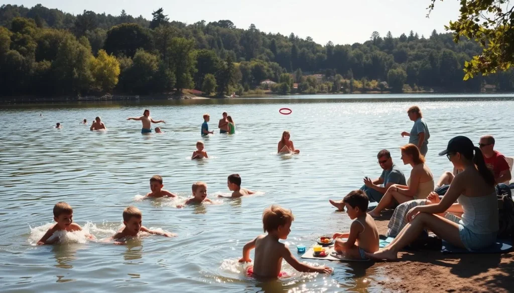 A sunny afternoon at Lake Temescal, families enjoying the tranquil waters. In the foreground, children splash and play in the shallows, their laughter filling the air. Nearby, parents relax on picnic blankets, sharing a midday meal as they watch over their little ones. In the middle ground, a group of friends toss a frisbee, their movements graceful against the backdrop of the lush, tree-lined shores. In the distance, a gentle breeze ruffles the surface of the lake, creating a shimmering, reflective surface. The scene is bathed in warm, golden light, creating a serene and inviting atmosphere for all to enjoy the natural beauty of this family-friendly oasis.