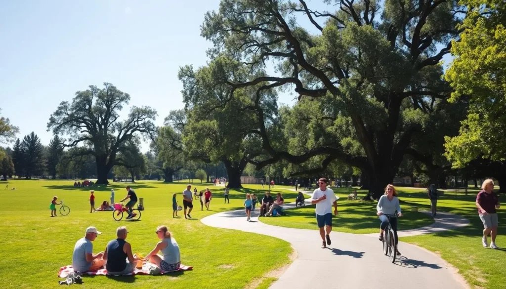 A sunny afternoon in a lush, verdant park in Lodi, California. People enjoying various outdoor activities - a group of friends picnicking on a checkered blanket, a couple strolling hand-in-hand along a winding path, children playing on a swing set, others cycling or jogging past. In the background, towering oak trees cast soft, dappled shadows, and the distant sound of laughter and conversation fills the air. The scene is warm, vibrant, and inviting, capturing the essence of the best outdoor experiences Lodi has to offer.