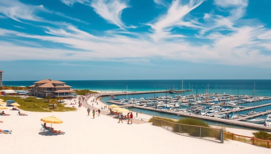 A sunny coastal landscape showcasing the varied tourism seasons of Destin, Florida. In the foreground, beachgoers soak up the sun on the pristine white sand, umbrellas dotting the scene. In the middle ground, families stroll the lively boardwalk, enjoying the bustling energy of the peak summer season. In the background, a tranquil marina reflects the calm of the off-season, with only a few sailboats and fishing charters visible. The sky is a brilliant blue, with wispy clouds overhead, capturing the warm, inviting atmosphere of Destin. Crisp, high-resolution photography, using a wide-angle lens to showcase the full scope of the coastal town's seasonal charm.