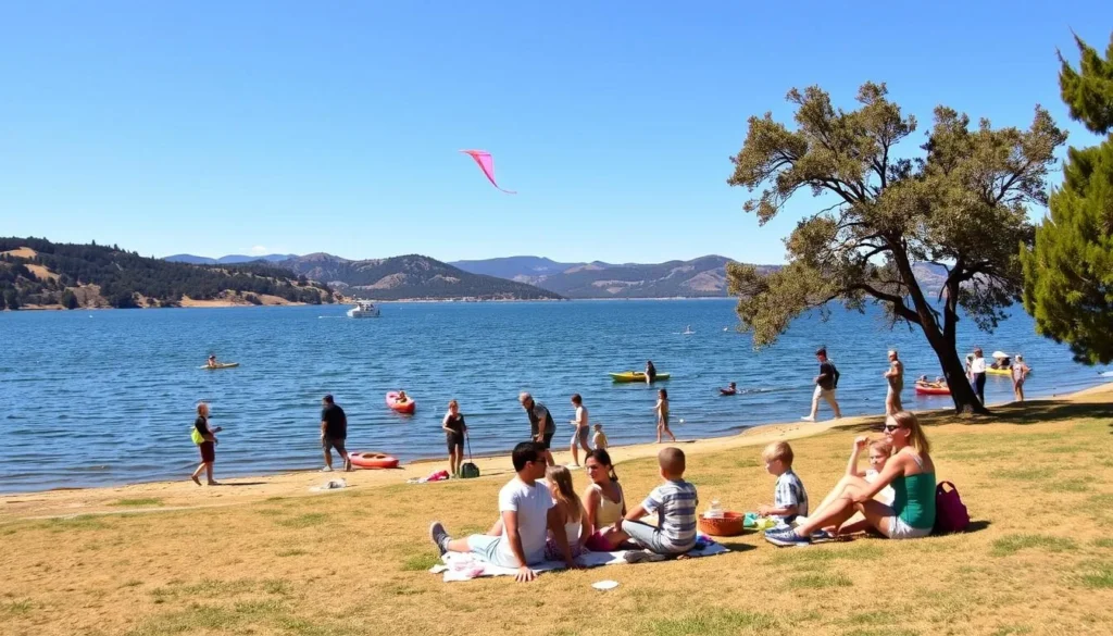 A sunny day at Folsom Lake, California. In the foreground, a family picnicking on the shore, enjoying a variety of outdoor activities - kite flying, frisbee tossing, and children playing in the shallow waters. The middle ground showcases people hiking along the lake's edge, taking in the panoramic views of the surrounding hills and forests. In the background, boats and kayaks glide across the tranquil surface of the lake, reflecting the clear blue sky above. The scene is bathed in warm, golden light, creating a welcoming and relaxed atmosphere perfect for a day of family fun.