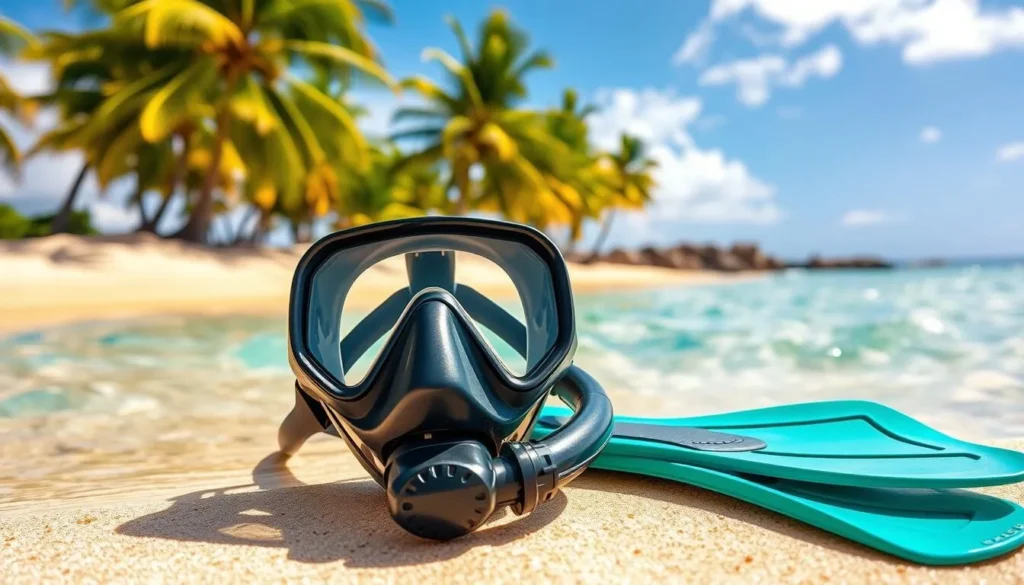 A sunny day at the beach, with crystal clear waters lapping against the golden sands. In the foreground, a vibrant set of snorkeling gear lies ready - a sleek black mask with a transparent panel, allowing for an unobstructed view of the underwater world, a sturdy snorkel with a flexible mouthpiece, and a pair of high-quality fins in a vibrant teal hue. The equipment is arranged neatly, inviting the viewer to imagine plunging beneath the surface and exploring the marine wonders of Kapalua Bay. In the background, lush palm trees sway gently in the warm breeze, casting dappled shadows on the scene. The overall mood is one of tranquility and anticipation, hinting at the thrilling underwater adventure that awaits.