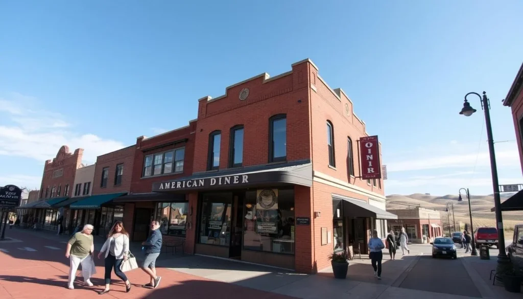 A sunny day in Ogallala, Nebraska. A quintessential Main Street scene unfolds, with red-brick buildings lining the sidewalks and people strolling casually. In the foreground, a family pauses to admire the charming storefront displays. In the middle ground, a classic Americana-style diner invites passersby to step inside and enjoy a hearty meal. The background features the rolling hills and vast open skies that define the region's stunning natural landscape. The lighting is soft and warm, casting a welcoming glow over the entire scene. Captured through a wide-angle lens, this image conveys the tranquil pace and inviting atmosphere of a visit to Ogallala.