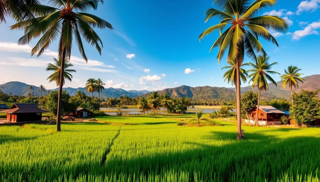 A sunny day in Takeo, Cambodia. In the foreground, lush green rice fields stretch out, dotted with traditional wooden houses. In the middle ground, a serene river winds through the landscape, its calm waters reflecting the vibrant blue sky above. Towering palm trees sway gently in the warm breeze, creating a peaceful, tropical atmosphere. In the background, the rolling hills of the Cardamom Mountains rise up, their verdant slopes hinting at the natural beauty that awaits visitors. The lighting is soft and warm, creating a welcoming and inviting scene that captures the essence of the best time to visit Takeo, Cambodia.
