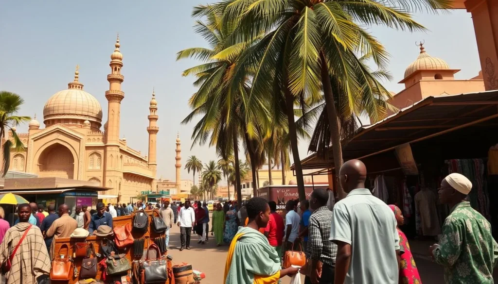A sunny day in the bustling city of Kano, Nigeria. In the foreground, a group of locals gather around a street vendor, examining handcrafted leather goods and vibrant fabrics. The middle ground showcases the iconic architecture of the city, with ornate mosques and bustling marketplaces. In the background, towering palm trees sway gently, framing the scene. The lighting is warm and inviting, casting a golden glow over the entire tableau. The camera angle is slightly elevated, providing a panoramic view of the lively street scene. The overall mood is one of cultural vibrancy and authentic travel experiences.