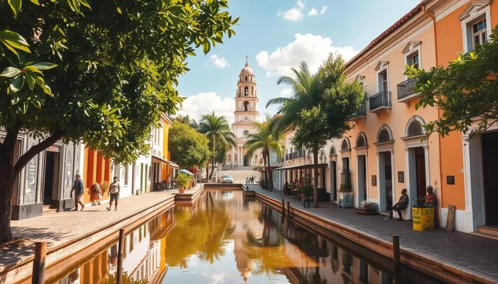 A sunny day in the historic old town of Beira, Mozambique. Charming colonial-era buildings line the narrow cobblestone streets, their pastel-colored facades and ornate details reflecting in the still waters of the nearby canals. Lush tropical foliage frames the scene, creating a serene and picturesque atmosphere. In the distance, the iconic bell tower of a historic church rises above the rooftops. Pedestrians and vendors add a touch of life, their vibrant attire and friendly demeanor inviting exploration. The scene is bathed in warm, golden light, capturing the timeless beauty and tranquility of this well-preserved historic district.