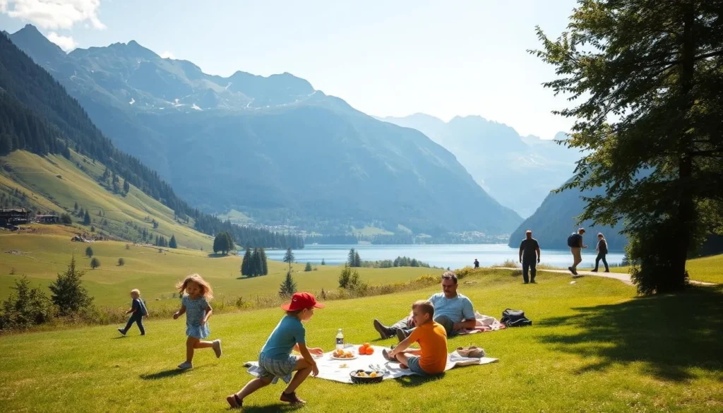 A sunny day in the idyllic Swiss canton of Obwalden. A family enjoying outdoor activities against a backdrop of lush green meadows, towering mountains, and a crystal-clear lake. In the foreground, children playing games and running through the grass, their laughter echoing in the fresh alpine air. In the middle ground, parents relaxing on a picnic blanket, savoring local delicacies and taking in the breathtaking scenery. In the distance, hikers traversing a winding trail, captivated by the region's natural beauty. Soft, diffused lighting casts a warm glow over the entire scene, creating a sense of tranquility and timelessness.