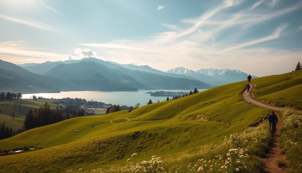 A sunny day in the picturesque Aargau region of Switzerland. Rolling green hills dotted with wildflowers in the foreground, a sparkling lake in the middle ground, and majestic snow-capped mountains rising in the background. Hikers exploring a winding trail, kayakers gliding across the tranquil waters, cyclists navigating country roads. Warm, diffused lighting filters through wispy clouds, casting a golden glow over the serene outdoor scene. Capture the essence of Aargau's natural beauty and the myriad of recreational activities it offers to adventurous visitors.
