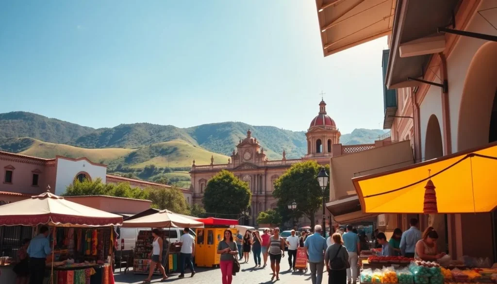 A sunny day in the vibrant city of Pachuca de Soto, Mexico. In the foreground, a bustling street scene with local vendors selling colorful handicrafts and traditional snacks. In the middle ground, a grand colonial-style building with ornate architecture, its facade glowing in the warm sunlight. In the background, rolling hills dotted with lush greenery, creating a picturesque landscape. The image should convey a sense of local culture, hospitality, and the practical aspects of navigating this charming destination, inspiring viewers to plan their own memorable trip to Pachuca de Soto.