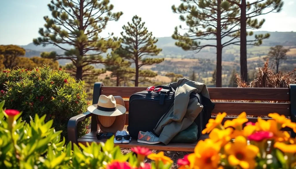 A sunny day on Norfolk Island, with lush green foliage and vibrant flowers in the foreground. In the middle ground, a neatly packed suitcase sits on a wooden bench, surrounded by various travel essentials like a hat, sunglasses, and a lightweight jacket. The background features a picturesque view of the island's iconic pine trees and rolling hills, bathed in warm, golden light. The scene conveys a sense of relaxation and preparedness for the island's variable climate.