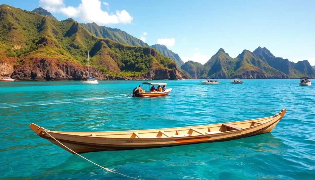 A sunny day on the remote Ua Pou Island in French Polynesia. In the foreground, a traditional outrigger canoe gently floating on the crystal-clear turquoise waters. In the middle ground, a fleet of small motorized boats transporting locals and tourists along the rugged coastline. In the background, lush volcanic peaks and cliffs rise majestically, their slopes covered in verdant tropical foliage. The scene is bathed in warm, golden sunlight, capturing the serene island atmosphere. Capture the essence of transportation on this beautiful and isolated Polynesian island.