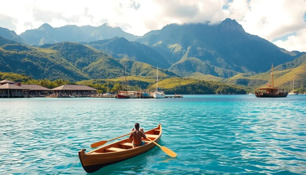 A sunny day on the scenic Nuku Hiva Island, where traditional outrigger canoes gently glide across the crystal-clear waters of the Pacific. In the foreground, a local islander skillfully navigates their wooden canoe, paddling with rhythmic strokes. The middle ground features a picturesque harbor, with quaint wooden docks and small fishing boats moored alongside. In the background, lush green hills and towering volcanic peaks rise majestically, creating a breathtaking natural backdrop. The scene is bathed in warm, golden sunlight, evoking a sense of tranquility and the island's rich cultural heritage.