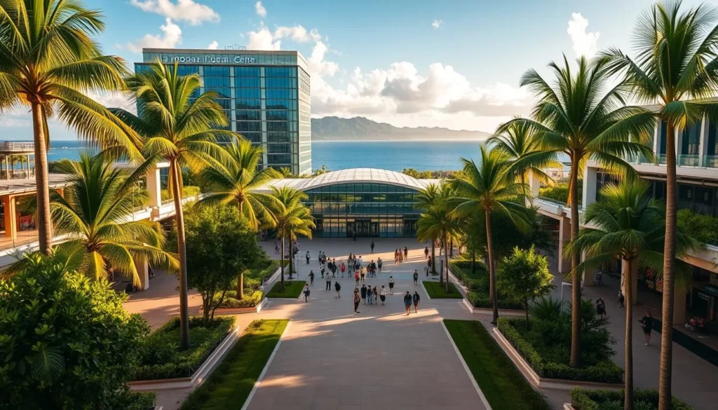 A sunny, expansive view of the grand Ala Moana Center in Honolulu, Hawaii. The iconic, glass-enclosed shopping mall stands tall, its sleek architecture and lush greenery creating a welcoming atmosphere. In the foreground, a wide, well-paved path leads visitors towards the entrance, flanked by palm trees and lush tropical foliage. The middle ground showcases the bustling activity of shoppers and tourists navigating the outdoor promenades, while the background features the stunning backdrop of the Pacific Ocean and distant mountains. Warm, natural lighting bathes the entire scene, conveying a sense of tranquility and paradise. Capture this idyllic destination with a high-quality, cinematic camera lens to showcase the beauty and charm of this premier shopping destination.
