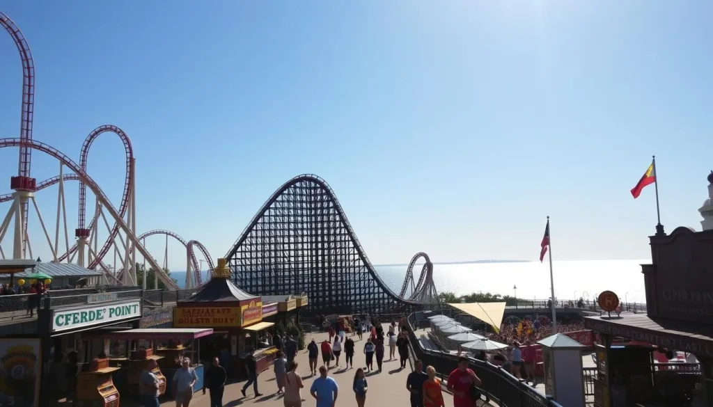 A sunny, golden afternoon at Cedar Point, the iconic amusement park on the shores of Lake Erie. Towering roller coasters and thrill rides rise against a clear, azure sky, their sleek, looping tracks slicing through the air. In the foreground, families stroll along the midway, pausing to sample classic fair treats and explore vibrant carnival games. The park's historic landmark, the legendary Blue Streak coaster, dominates the middle ground, its wooden structure casting long shadows across the bustling scene. In the distance, the shimmering lake provides a serene backdrop, complementing the excitement and energy of this quintessential summertime destination.