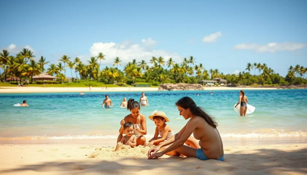 A sunny, idyllic scene at Kama'ole Beach Parks on the Hawaiian island of Maui. In the foreground, a family relaxes on the soft, golden sand, building sandcastles and playing in the gently lapping waves. In the middle ground, children frolic in the crystal-clear waters, their joyful laughter filling the air. In the background, verdant palm trees sway in the light breeze, framing the picturesque landscape. The warm, vibrant lighting and high-resolution, photorealistic style capture the serene, family-friendly atmosphere of this beloved island destination.