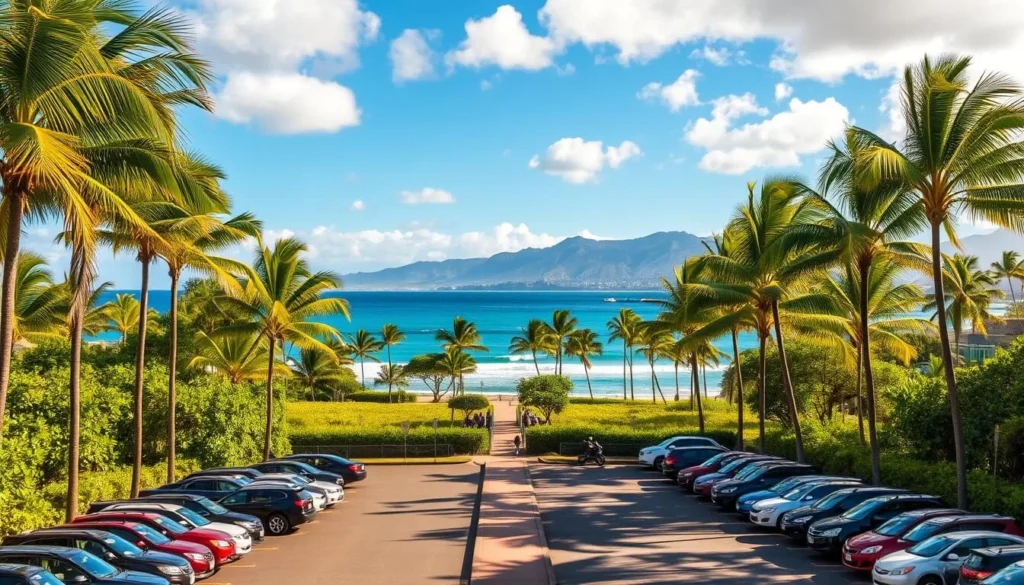 A sunny, picturesque landscape of Ho'okipa Beach Park's parking lot on the northern coast of Maui, Hawaii. In the foreground, rows of neatly arranged cars and motorcycles fill the spacious lot, shaded by swaying palm trees. The middle ground features a paved walkway leading towards the beach, bordered by lush, verdant vegetation. In the background, the azure Pacific Ocean and the Haleakala mountain range create a stunning natural backdrop, bathed in warm, golden light. The scene conveys a sense of tranquility and invites visitors to explore the renowned Ho'okipa Beach and its iconic viewpoint.