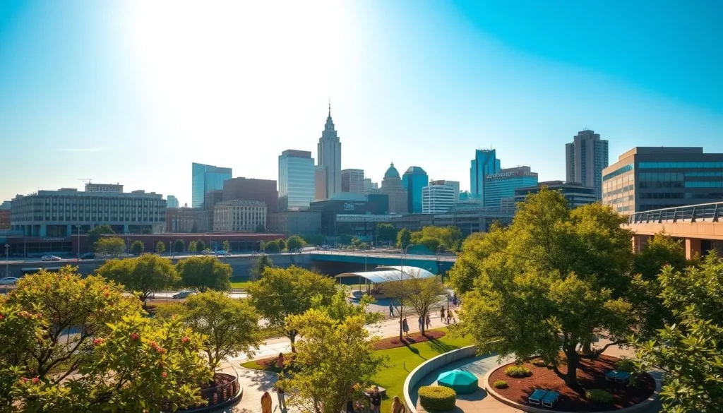A sunny, pleasant day in downtown Nashville, Tennessee in late spring. The iconic cityscapes of the city skyline, with the modern architecture of the Cumberland River and Bicentennial Capitol Mall State Park in the foreground. Lush green trees and flowering plants line the streets, with people strolling and enjoying the mild temperatures. Warm, golden sunlight filters through the clear blue sky, casting a soft, inviting glow over the scene. The atmosphere is serene and tranquil, capturing the essence of the best weather Nashville has to offer during the May-June timeframe.