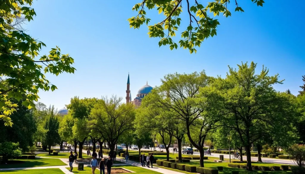A sunny spring day in Tashkent, Uzbekistan. Lush green parks and trees line the streets, with people strolling and enjoying the warm weather. In the distance, the iconic blue-tiled domes of ancient mosques rise up, contrasting against the clear blue sky. Soft, diffused lighting filters through the leaves, creating a serene and tranquil atmosphere. The scene captures the vibrant energy and rich cultural heritage of this Central Asian city, inviting the viewer to experience the best of Tashkent during the ideal time to visit.