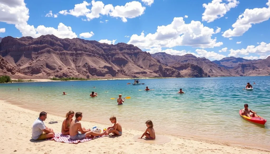 A sunny summer day at Lake Mead National Recreation Area, Arizona. In the foreground, a family enjoying a picnic on the beach, with children playing in the shallow water. In the middle ground, people swimming, boating, and kayaking on the serene lake surrounded by rugged, sun-drenched cliffs. In the background, a panoramic view of the scenic canyon landscape, with vibrant blue skies and fluffy white clouds overhead. Capture the sense of adventure, tranquility, and family bonding in this picturesque outdoor setting, using a wide-angle lens to create a dynamic, immersive composition.
