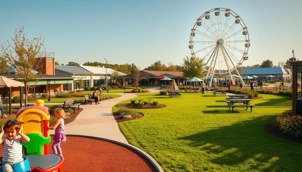 A sunny, vibrant scene of a family-friendly outdoor attraction in Southaven, Mississippi. In the foreground, children play on colorful playground equipment, their laughter filling the air. The middle ground features a winding path leading through well-manicured landscaping, with benches and picnic tables inviting visitors to relax. In the background, a towering Ferris wheel stands tall, its gondolas gently swaying in the light breeze. The lighting is warm and natural, casting a golden glow over the entire scene. The composition is balanced and inviting, capturing the essence of an ideal family outing in this charming Southern town.