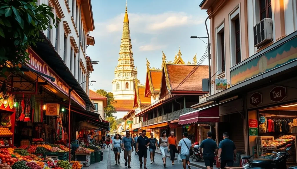 A sunny, vibrant street scene in the heart of Hat Yai, Thailand. In the foreground, a bustling local market with stalls overflowing with colorful fruits, vegetables, and handcrafted goods. In the middle ground, pedestrians strolling along the sidewalks, admiring the charming colonial-style architecture and neon-lit storefronts. The background features the iconic, ornate spires of a nearby temple, bathed in warm, golden light. The overall atmosphere is lively, inviting, and quintessentially Thai, capturing the essence of Hat Yai as a captivating travel destination.