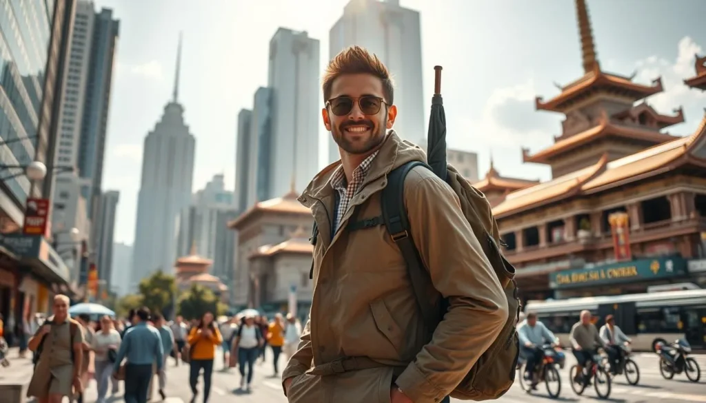 A sunny, warm day in a bustling city with a mix of modern and historic architecture. In the foreground, a well-dressed traveler stands confidently, a sturdy backpack on their shoulders, an umbrella in hand, and a windbreaker ready for any weather. The middle ground showcases a busy street scene, with people walking, bicycles, and public transportation. In the background, towering skyscrapers and ancient temples create a visually striking contrast, hinting at the rich cultural tapestry of the destination. The lighting is warm and inviting, with a soft, diffused glow casting a golden hue over the entire scene, creating a sense of adventure and exploration.