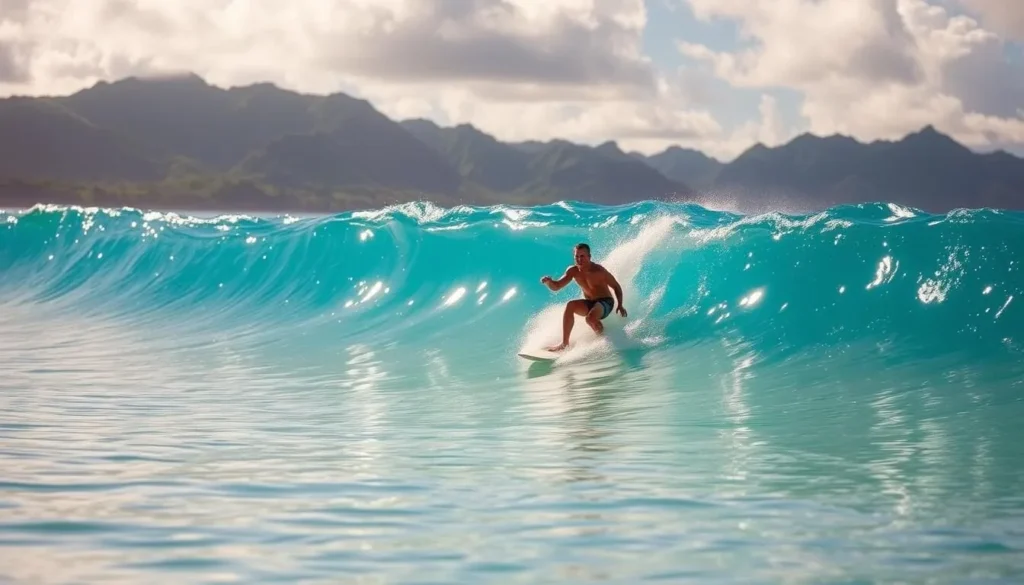 A surfer glides effortlessly across the azure waters of Kaimana Beach, Oahu, Hawaii. The sun's warm rays illuminate the muscular figure as they gracefully carve through the glistening, barreling wave. In the background, lush green mountains rise, providing a stunning natural backdrop. The scene exudes a sense of tranquility and joy, perfectly capturing the essence of the beach's features and activities. A wide-angle lens captures the serene moment, showcasing the surfer's skill and the breathtaking beauty of this Hawaiian paradise.