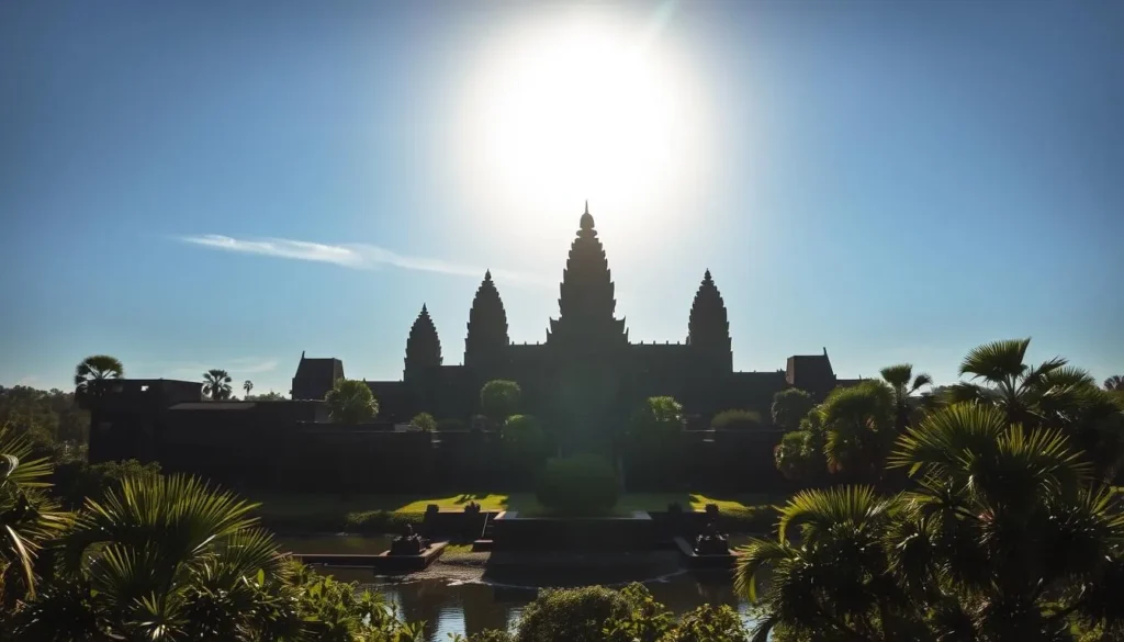 A sweeping aerial view of the majestic Angkor Wat temple complex, silhouetted against a brilliant azure sky. Sunlight dances across the intricate carvings and towering spires, casting deep shadows that accentuate the structure's bold, geometric design. In the foreground, a tranquil moat reflects the temple's symmetrical form, while lush tropical foliage frames the scene, hinting at the verdant landscape that surrounds this iconic Cambodian landmark. The overall atmosphere is one of awe-inspiring grandeur, inviting the viewer to imagine the ancient splendor of this wonder of the world.