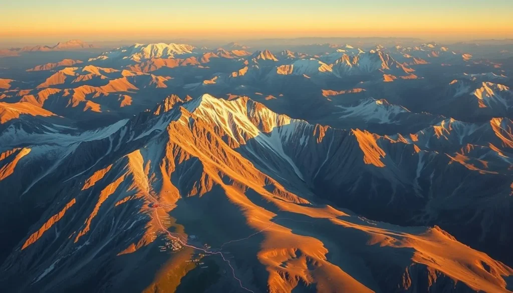 A sweeping aerial view of the majestic Mount Whitney, the highest peak in the contiguous United States. In the foreground, a detailed illustration of the Mount Whitney Permit System, with hiking trails, campgrounds, and permit stations clearly marked. The middle ground features lush alpine meadows and rugged granite peaks, bathed in warm, golden afternoon light. In the background, snow-capped ridges stretch out to the horizon, creating a breathtaking, cinematic landscape. The overall mood is one of rugged adventure, outdoor exploration, and reverence for the natural beauty of the Sierra Nevada mountain range.
