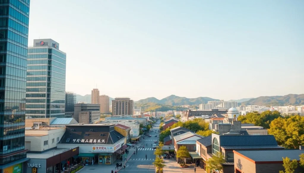 A sweeping cityscape of Ansan, South Korea, bathed in warm afternoon light. In the foreground, modern high-rise buildings stand tall, their glass facades reflecting the clear sky above. In the middle ground, a bustling street lined with quaint shops and cafes, pedestrians strolling leisurely. In the background, rolling hills and lush greenery, creating a serene contrast to the dynamic urban center. Capture the harmony of old and new, the interplay of nature and architecture, and the inviting atmosphere that makes Ansan a hidden gem worth discovering.